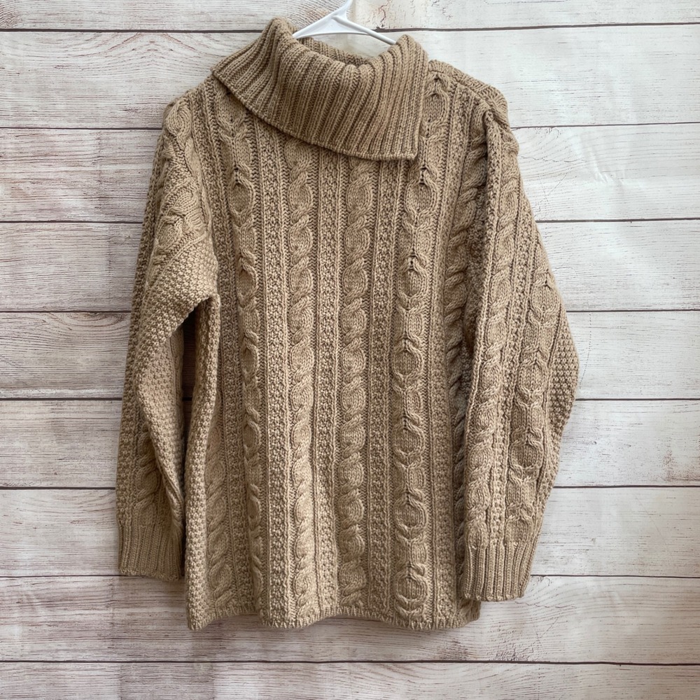 ARAN CRAFTS IRELAND 100% MERINO WOOL CABLE KNIT SWEATER‎ WITH SHAWL COLLAR